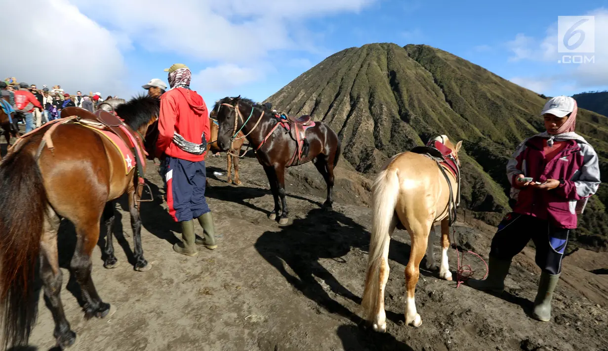 Warga menunggu wisatawan yang hendak menyewa kuda untuk alat transportasi berkeliling Gunung Bromo, Malang, Jawa Timur, (29/7). (Liputan6.com/Johan Tallo)