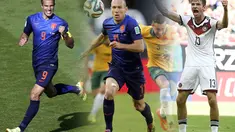 Robin van Persie dan Arjen Robben (Belanda), serta Thomas Mueller menjadi Topskorer Pekan Pertama Piala Dunia 2014, (19/6/2014). (REUTERS/Marko Djurica)