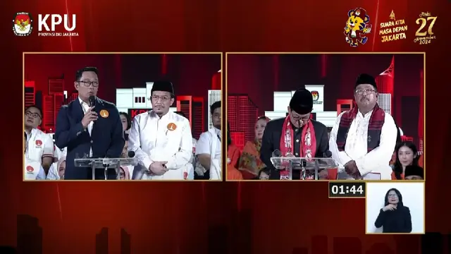 Paslon gubernur dan calon wakil gubernur nomor urut 1 Ridwan Kamil-Suswono dan paslon nomor urut 3  Pramono Anung-Rano Karno saat debat terakhir atau debat ketiga Pilkada Jakarta 2024.