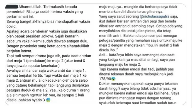 Thread Nicholas Saputra soal antre vaksin yang viral di Twitter (https://twitter.com/Teh__L/status/1384107990148550659)