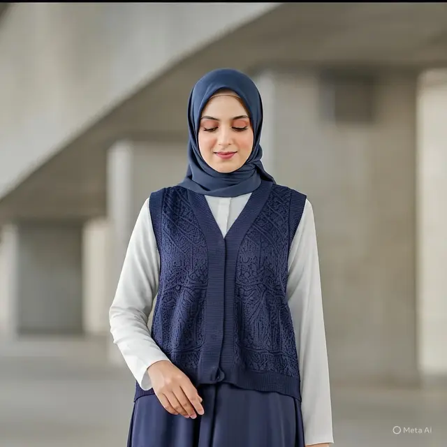 Muslimah memakai One Set Vest dan Rok dengan White Shirt (Meta AI)