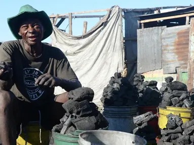 Seorang penjual arang menunjukan dagangannya di pasar sentral Les Cayes, Haiti, (25/1). Menteri Lingkungan Hidup Haiti akan membuat peraturan jaringan "hutan energi" yang menghasilkan kayu untuk arang dan kayu bakar. (AP/David McFadden)