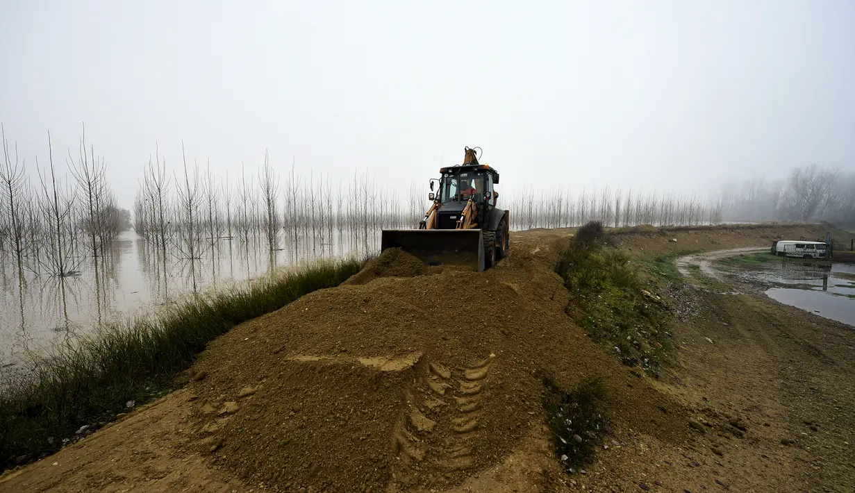 Sebuah traktor mendorong pasir untuk melindungi perbatasan daerah banjir di dekat Sungai Ebro di desa kecil Alcala de Ebro, provinsi Aragon, Spanyol utara (13/12/2021). Hujan deras menyebabkan banjir di Spanyol utara. (AP Photo/Alvaro Barrientos)
