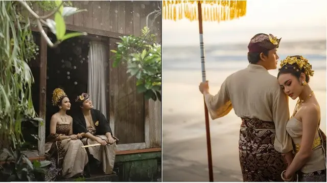 Potret prewedding Rizky Febian dan Mahalini pakai busana adat Bali. (sumber: Instagram/axioo/mahaliniraharja)