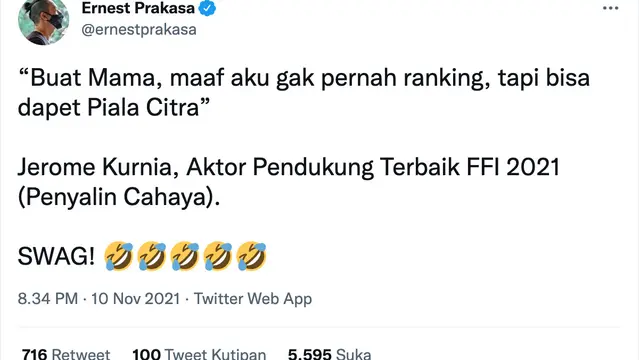 Unggahan Ernest Prakasa. (Foto: Dok. Twitter @ernestprakasa)