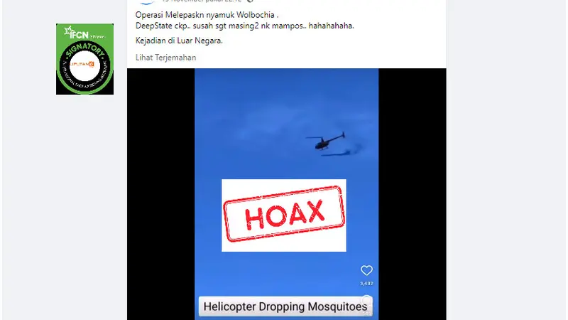 Tangkapan layar salah satu hoaks seputar nyamuk Wolbachia