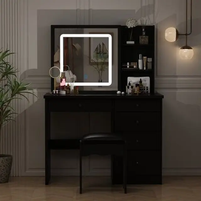 Model Meja Rias Modern Serba Hitam dan Aksen Kayu