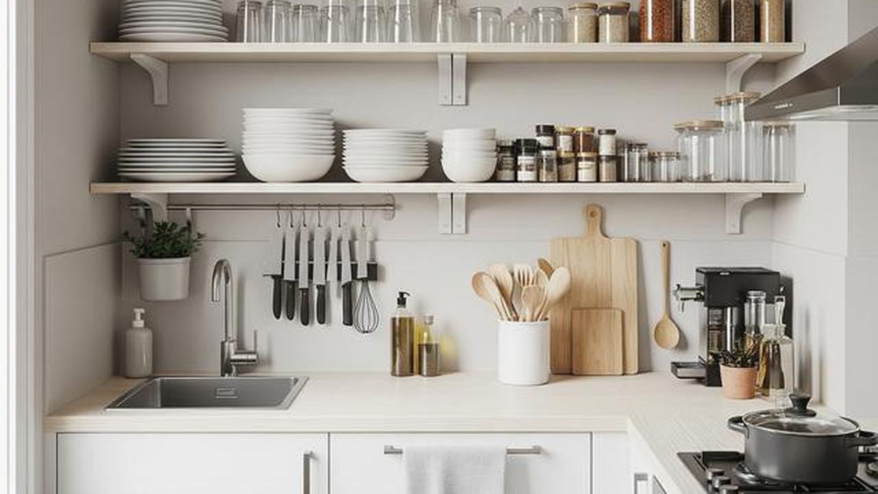 7 Dapur Kecil dengan Rak Terbuka dan Warna Netral, Elegan dan Minimalis