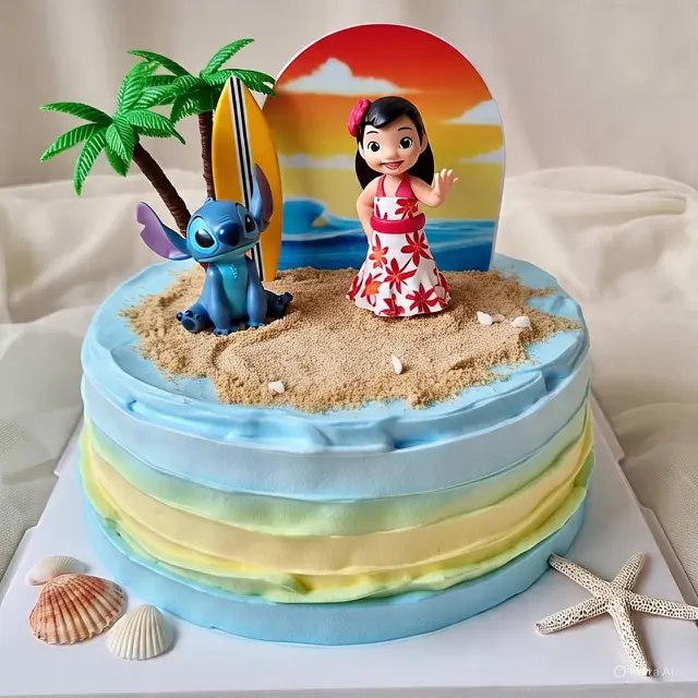 Model Kue Ulang Tahun dengan Karakter Film Lilo & Stitch 2025 (Foto: Meta AI)