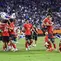 Anggota tim Korea Selatan merayakan kemenangan atas Jepang dalam pertandingan final sepak bola putra Asian Games di Toyota, Jepang tengah, Sabtu, 3 Oktober 2026. (Atsuhiro Maeda/Kyodo News via AP)