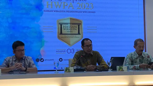 Konferensi pers menjelang acara Hassan Wirajuda Pelindungan Award 2023 yang diakan digelar pada Desember 2023. (Liputan6/Benedikta Miranti)