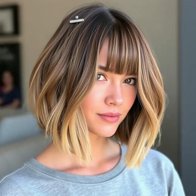 Model Rambut Bob Berponi Berlapis dengan Curtain Bangs