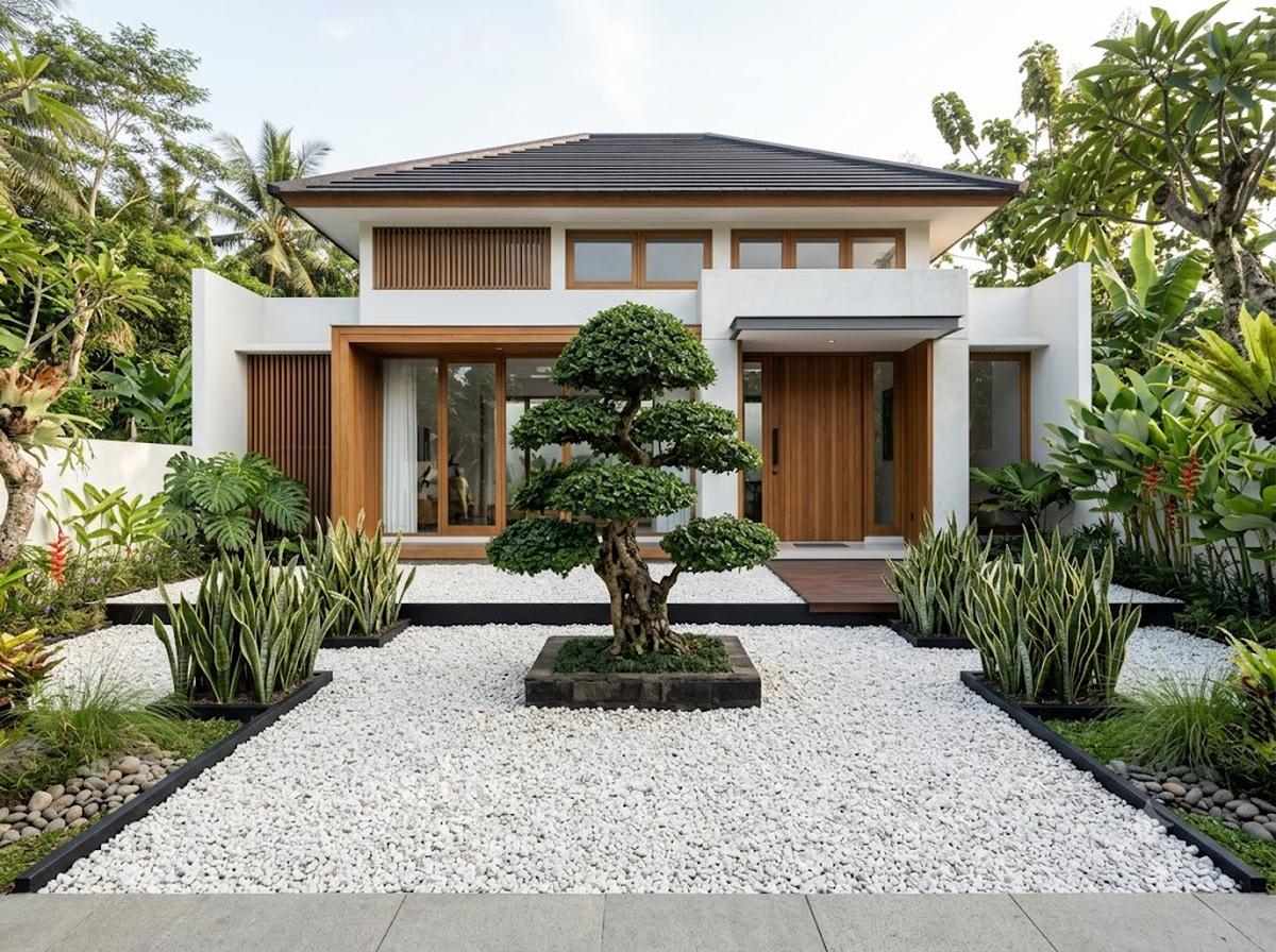 Gravel Garden Minimalis dengan Ketapang Kencana Bonsai