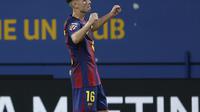 Selebrasi gol Fermin Lopez pada laga pekan ke-4 La Liga 2025/2026 antara Barcelona vs Valencia, Senin (15/9) dini hari WIB -&nbsp;AP Photo/Joan Monfort