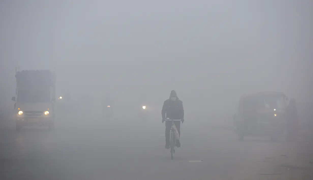 Seorang pria bersepeda di jalan yang diselimuti kabut tebal pada pagi yang dingin di pinggiran New Delhi, India (1/1/2021). Observatorium Safdarjung Delhi, yang menyediakan data perwakilan kota, mencatat suhu minimum 1,1 derajat Celcius, terendah dalam 15 tahun. (AP Photo/Altaf Qadri)