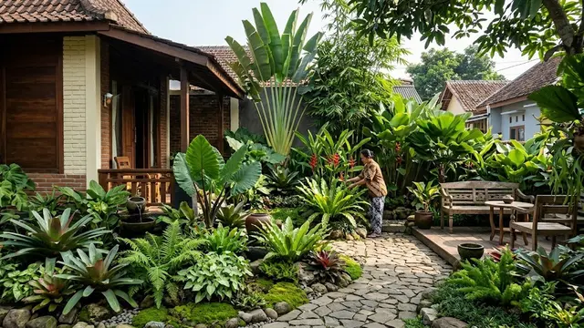 Inspirasi Taman Rumah dengan Nuansa Hutan Tropis sebagai Solusi Halaman Asri dan Estetik Model Pemanfaatan Tanaman Bertingkat untuk Menciptakan Ruang Hijau