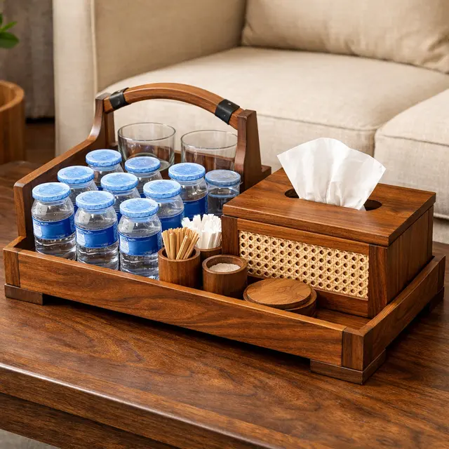 Model Tempat Air Mineral Gelas dari Kayu (ChatGPT)