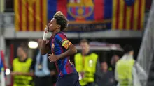 Pemain Barcelona Lamine Yamal merayakan gol dalam laga Liga Champions antara Barcelona vs Feyenoord di Barcelona, Spanyol, Rabu, 9 September 2026. (AP Photo/Emilio Morenatti)