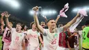 Para pemain Maroko merayakan kemenangan setelah pertandingan sepak bola babak 32 besar Piala Dunia antara Belanda dan Maroko di Guadalupe, dekat Monterrey, Meksiko, Senin (29/06/2026). (AP Photo/Ricardo Mazalan)