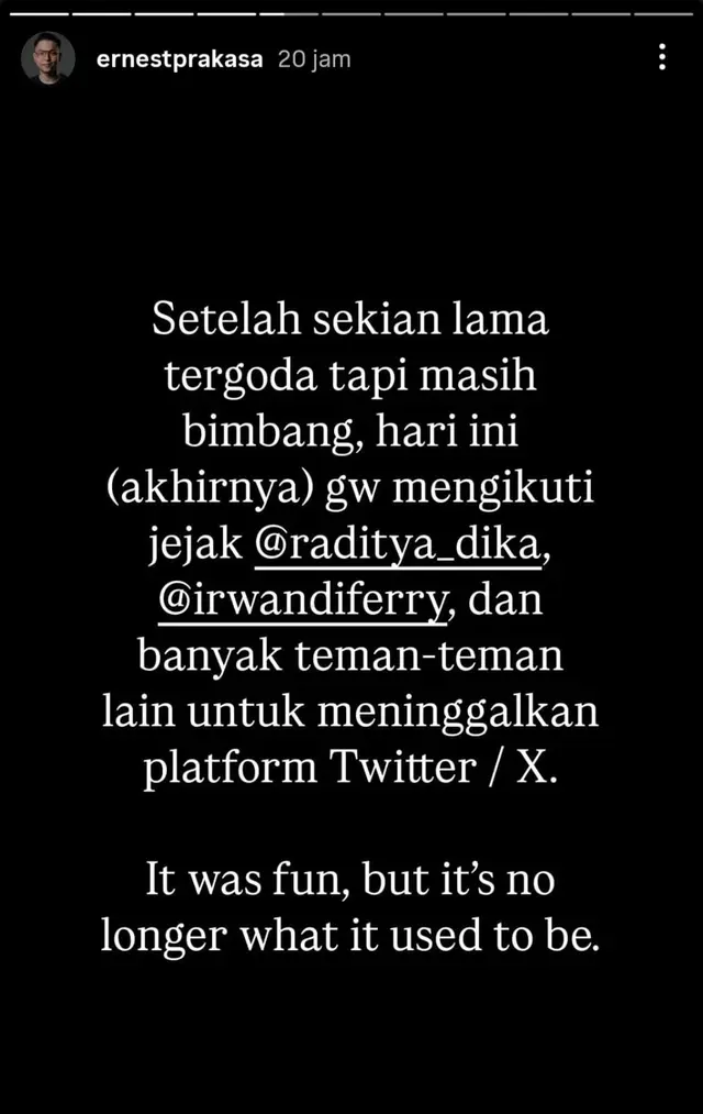Sempat bimbang, ini alasan Ernest Prakasa pamit dari Twitter