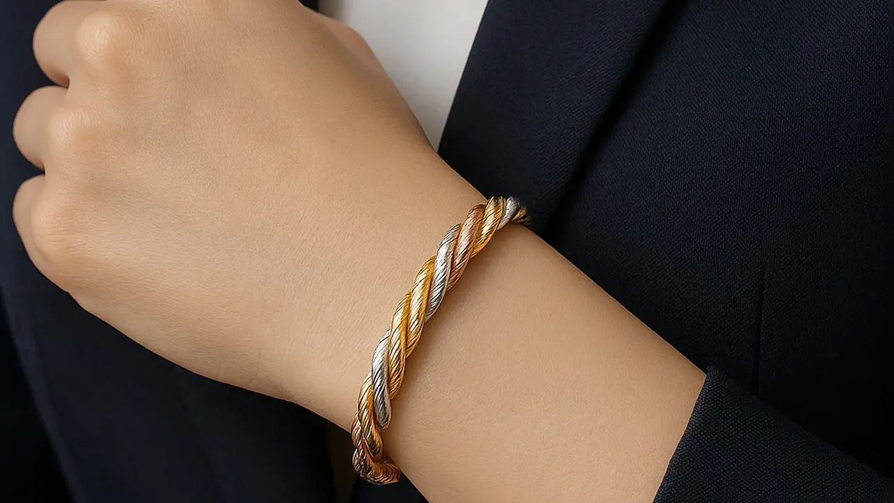 Model Gelang Emas Kadar 750 Twist Kombinasi Tiga Warna untuk Wanita Karier