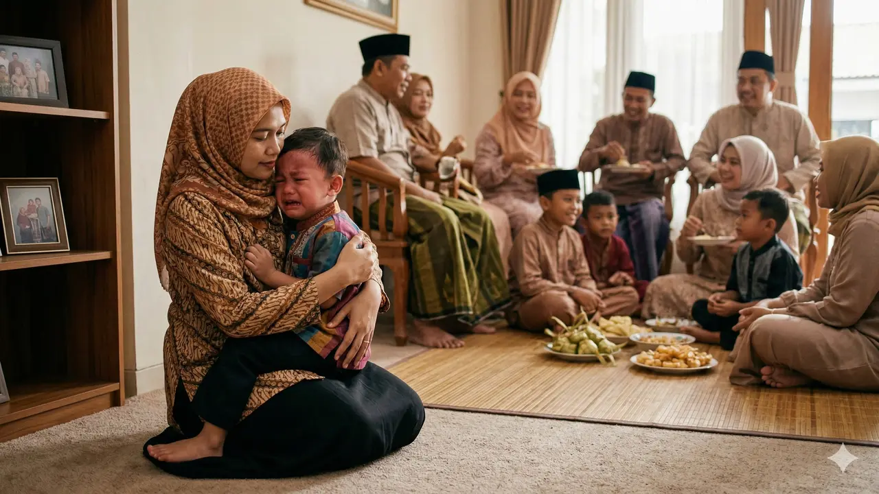 Tips Menangani Anak yang Tantrum saat Silaturahmi Lebaran (Foto: Gemini AI)