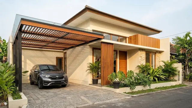 Konsep Carport Atap Mezzanine Kayu (Pergola).