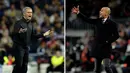 Jose Mourinho dan Josep Guardiola saat mengatur para pemainnya. Kedua sosok pelatih yang terus menjadi bahan pembicaraan publik bola dunia ini pernah terlibat perseteruan di La Liga Spanyol. (AFP PHOTO/PIERRE-PHILIPPE)
