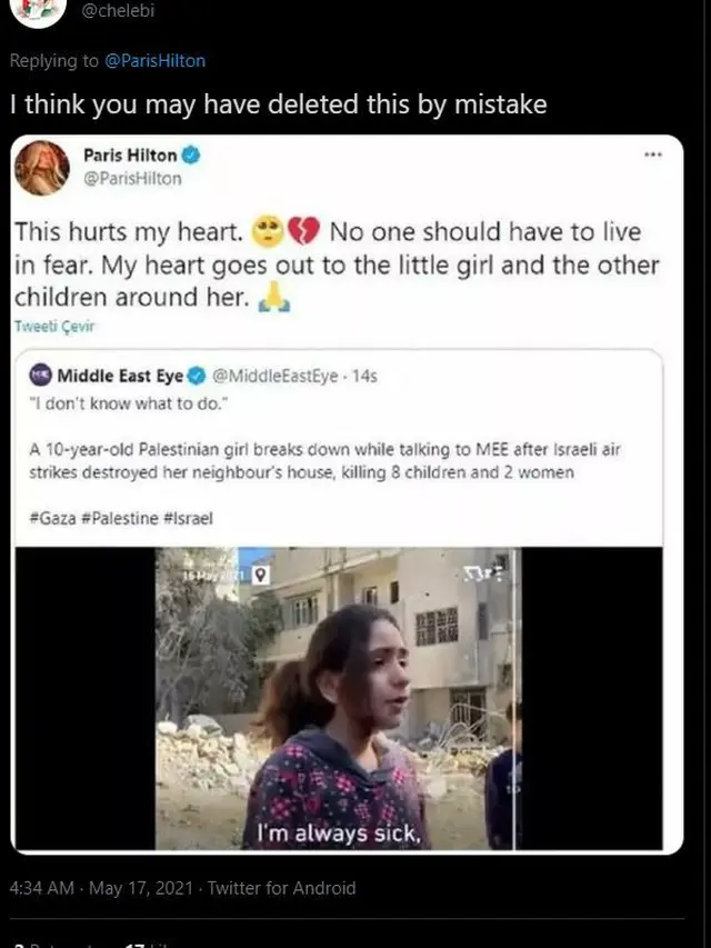 Warganet mengabadikan cuitan Paris Hilton yang kini telah dihapus. (Twitter/ chelebi)