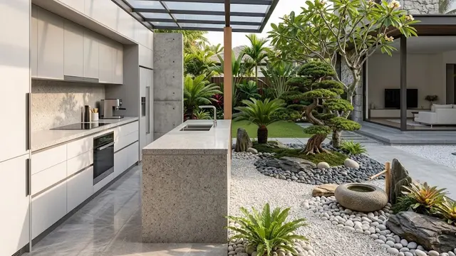 Dapur Minimalis dengan Taman Kering Bergaya Zen