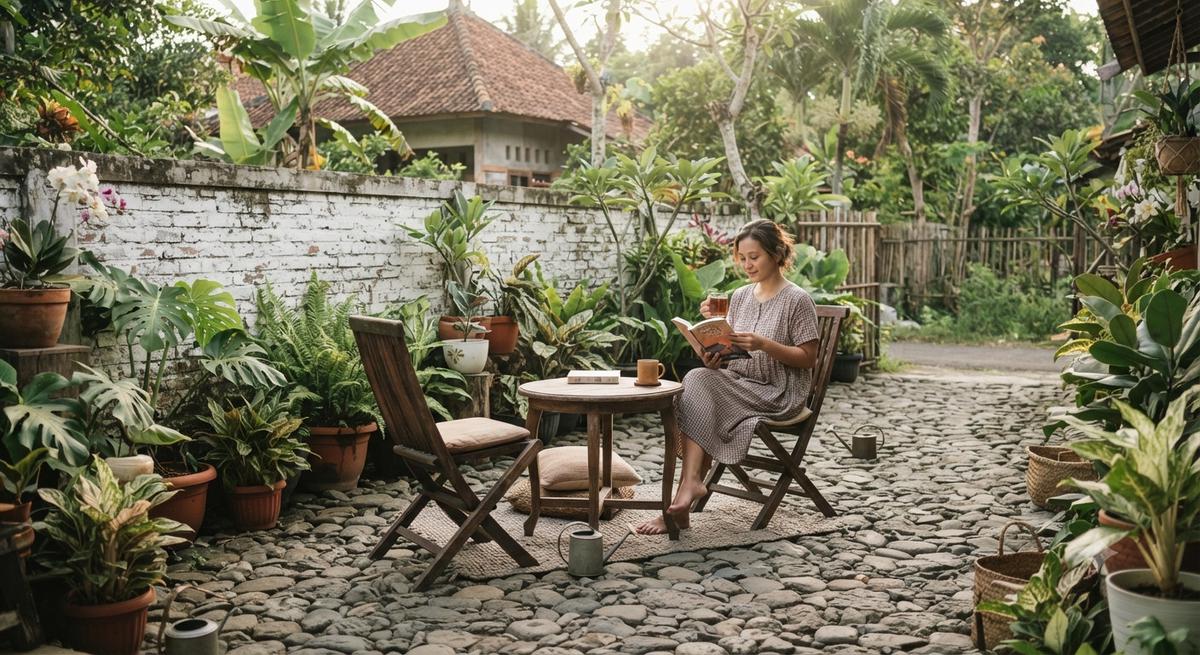 Ide taman yang tetap cantik meski tanpa rumput dan cocok untuk pemilik introvert model menghadirkan area duduk dengan lantai batu