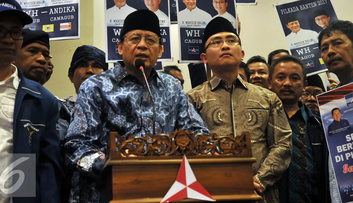 Partai Demokrat resmi mengusung Wahidin Halim-Andika Hazrumi sebagai pasangan calon gubernur dan wakil gubernur Provinsi Banten pada pilkada serentak 2017, Jakarta, Senin (8/8). (Liputan6.com/Johan Tallo)