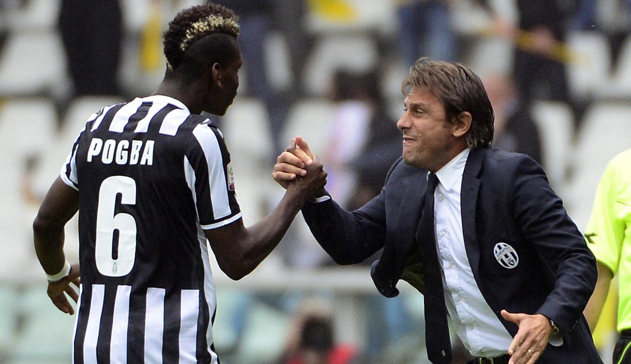 Paul Pogba. Sosok pemain paling sukses saat ditangani Antonio Conte di Juventus dengan merebut 4 gelar Liga Italia dalam 4 musim. Sebelumnya ia disia-siakan Manchester United dan dilepas pada awal musim 2012/2013. Usai sukses, Setan Merah kembali menariknya pada 2016/2017. (AFP/Olivier Morin)