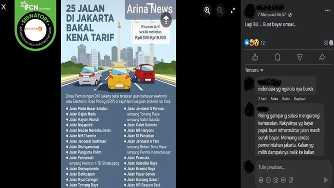 Gambar tangkapan layar kabar tentang 25 ruas jalan di Jakarta bakal dikenakan tarif. (sumber: Facebook)
