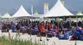 Pramuka Inggris berkumpul untuk meninggalkan perkemahan Jambore Pramuka Dunia di Buan, Korea Selatan, Sabtu, 5 Agustus 2023.  (Kim Joo-hyung/Yonhap via AP)
