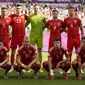 Pemain Timnas&nbsp;Wales melakukan sesi foto sebelum pertandingan Grup B Piala Dunia 2022 melawan Timnas&nbsp;Iran yang berlangsung di Ahmad Bin Ali Stadium, Qatar, Jumat (25/11/2022). (AP Photo/Frank Augstein)