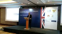 Duta Besar Inggris untuk Indonesia Moazzam Malik, menyampaikan keynote speech dan opening remarks untuk UK - RI Defence Industry Cooperation Seminar and Exhibition di Shangri-la Jakarta (15/3) (Rizki Akbar Hasan/Liputan6.com)
