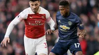 Bek Arsenal, Kolasinac berusaha merebut bola yang dibawa gelandang Manchester United, Fred selama pertandingan lanjutan Liga Inggris di Stadion Emirates di London (10/3). Arsenal menang 2-0 atas MU. (AP Photo/Tim Irlandia)