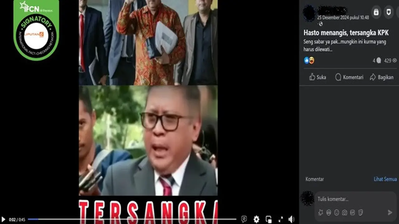 Gambar tangkapan layar video yang diklaim Sekjen PDI Perjuangan Hasto Kristiyanto menangis setelah menjadi tersangka KPK (sumber: Facebook)