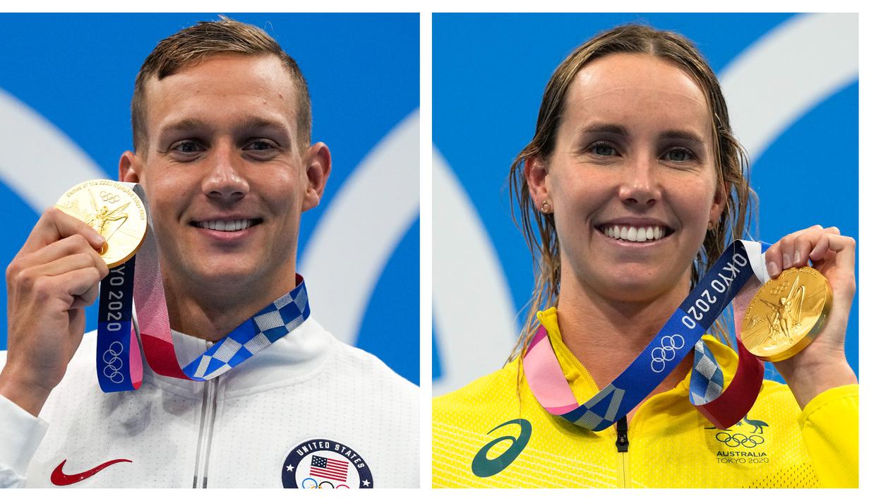 Dua perenang yang berlaga di Olimpiade Tokyo 2020, Caeleb Dressel dari Amerika Serikat di bagian putra dan Emma McKeon dari Australia di bagian putri layak dinobatkan sebagai raja dan ratu Olimpiade Tokyo 2020 berkat raihan medali emasnya dari cabang renang. (Foto: Kolase AP/Gregory Bull)