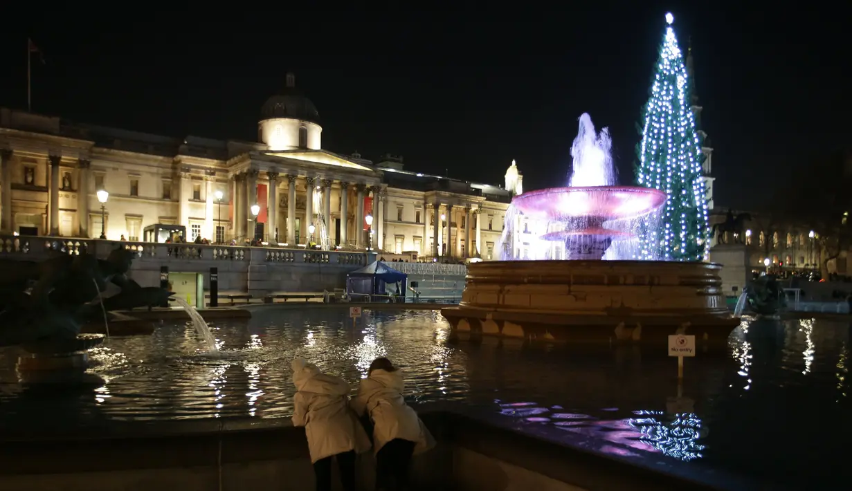 Pohon Natal berhias cahaya kerlap-kerlip setelah tradisi penyalaan lampu di Trafalgar Square, London, 7 Desember 2017. Trafalgar Square ini menjadi ikon Kota London sejak puluhan tahun lalu dan menjadi jantung kemeriahan Natal. (Daniel LEAL-OLIVAS/AFP)