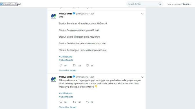 MRT Jakarta memberitahukan tentang dampak banjir Jakarta. (Twitter MRT Jakarta)