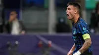 Ekspresi Lautaro Martinez usai menjebol gawang Slavia Praha  Rabu (1/10/2025) (AP Photo/Luca Bruno)
