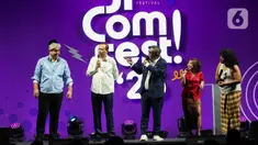 Penampilan Gilang Dirga, Cak Lontong, Abdel, Kiky Saputri, dan Marshel Widianto pada hari kedua Jakarta International Comedy Festival (JiComFest) 2023 di Tennis Indoor Senayan, Jakarta, Sabtu (16/12/2023). (Liputan6.com/Herman Zakharia)