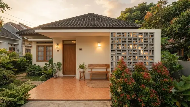 Ide Teras Rumah dengan Pucuk Merah dan Roster Beton