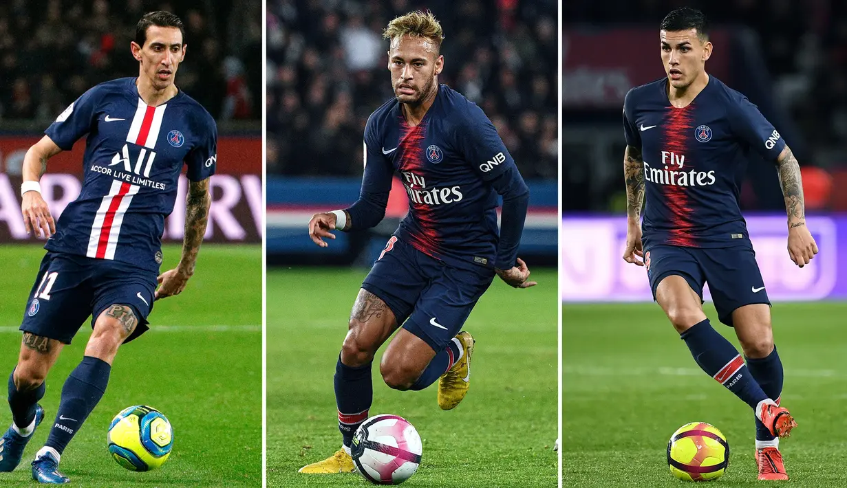 Kombinasi gambar menunjukkan (kiri-Kanan) pemain Paris Saint-Germain Angel Di Maria di Paris pada 9 Februari 2020, Neymar di Paris pada 7 Oktober 2018, dan Leandro Paredes di Paris pada 7 April 2019. Ketiganya dinyatakan positif virus corona COVID-19. (Franck FIFE, Geoffroy VAN DER HASSELT/AFP)