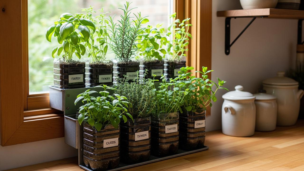 Kebun Herbal Jendela Dapur dari Botol Minyak Goreng Bekas