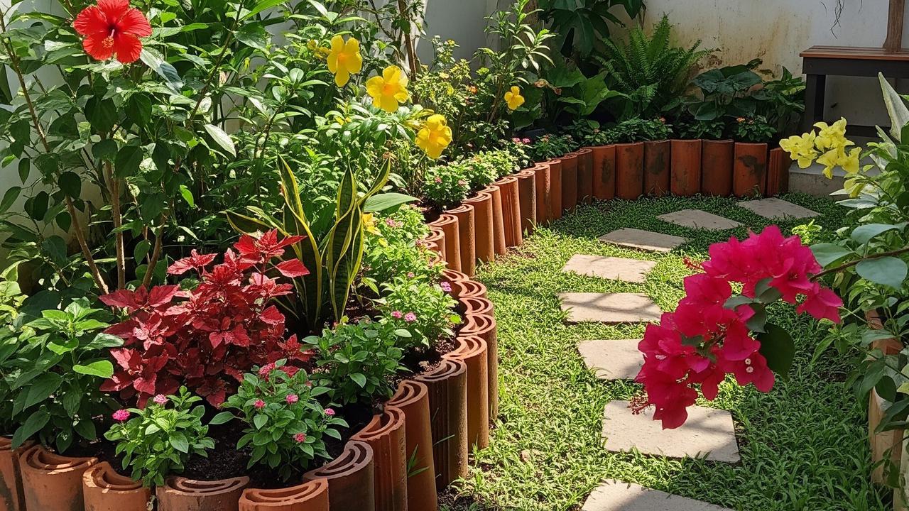 Cara Membuat Border Taman dari Genteng Bekas Tanpa Semen.