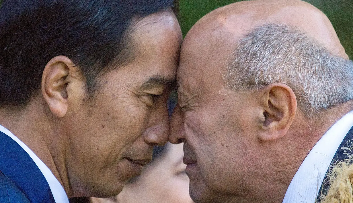 Presiden Indonesia Joko Widodo menerima Maori Hongi atau salam dari seorang tetua Maori saat upacara penyambutan di Government House di Wellington, Selandia Baru (19/3). (AFP/Marty Melville)
