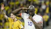 Penyerang&nbsp;Belgia Romelu Lukaku merayakan gol pertama timnya dalam pertandingan Kualifikasi Piala Eropa 2024&nbsp;Grup F melawan Swedia di Friends Arena, Sabtu (25/3/2023) dini hari WIB. (Anders Wiklund/TT News Agency via AP)